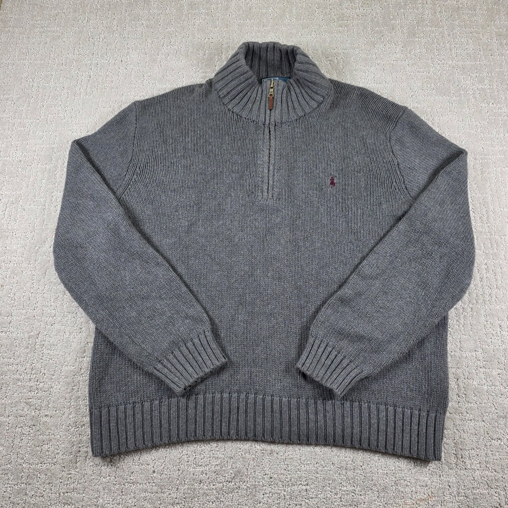 Polo Ralph Lauren Mens XXL Grey Cotton Shaker Knit Quarter Zip Sweater Pony Logo